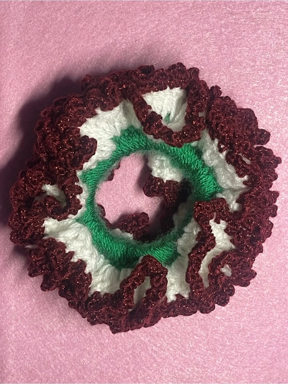 Handmade Crochet Ruffle Scrunchie - Green, White & Burgundy